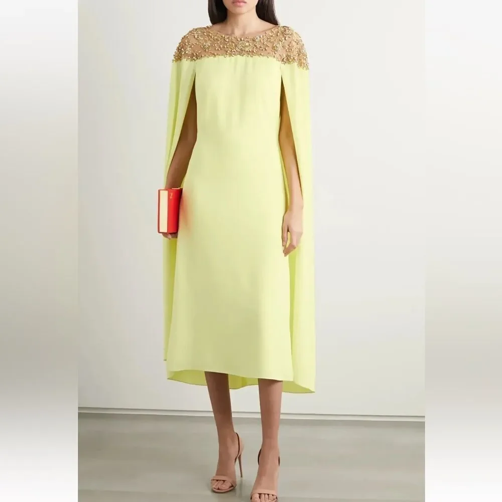 Marchesa Notte Yellow cape dress midi Gold Embellishments tulle evening $1700 4